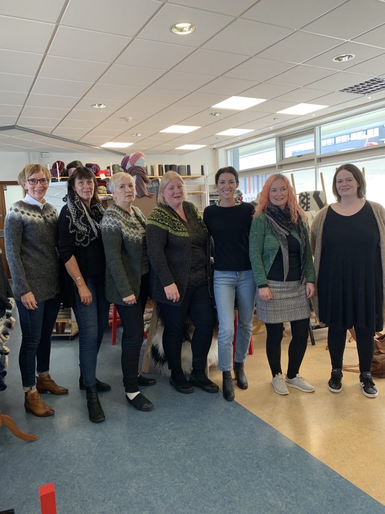 Cait Bagby with the handknitters association in Reykjavik Iceland after finishing up and interview with them on the importance of labels